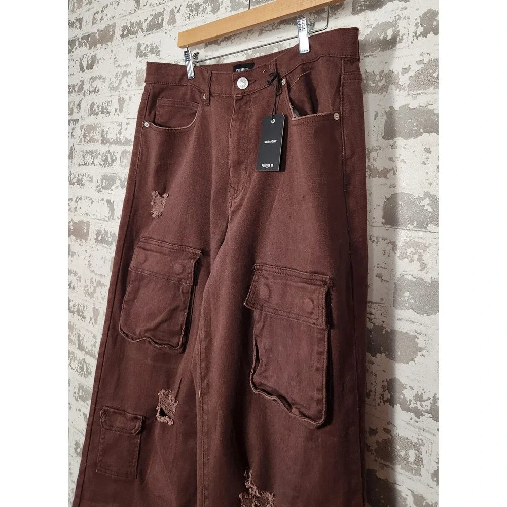 Forever 21 Cargo Pants Denim Dark Cocoa Straight Leg Distressed High Rise Casual